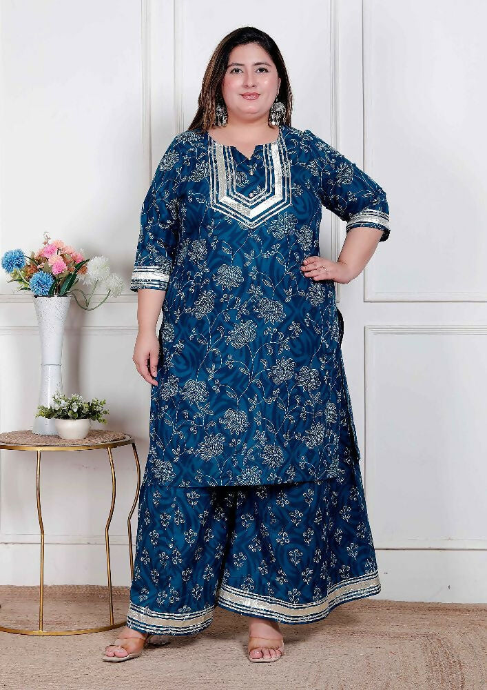 Miravan Plus Size Women'S Cotton Floral Printed V-Neck Kurta With Flared Palazzo - Distacart