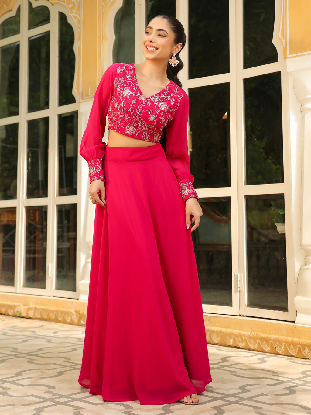 Janasya Pink Georgette Embroidered Top & Skirt