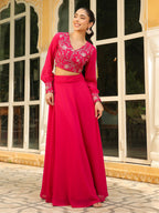 Janasya Pink Georgette Embroidered Top & Skirt