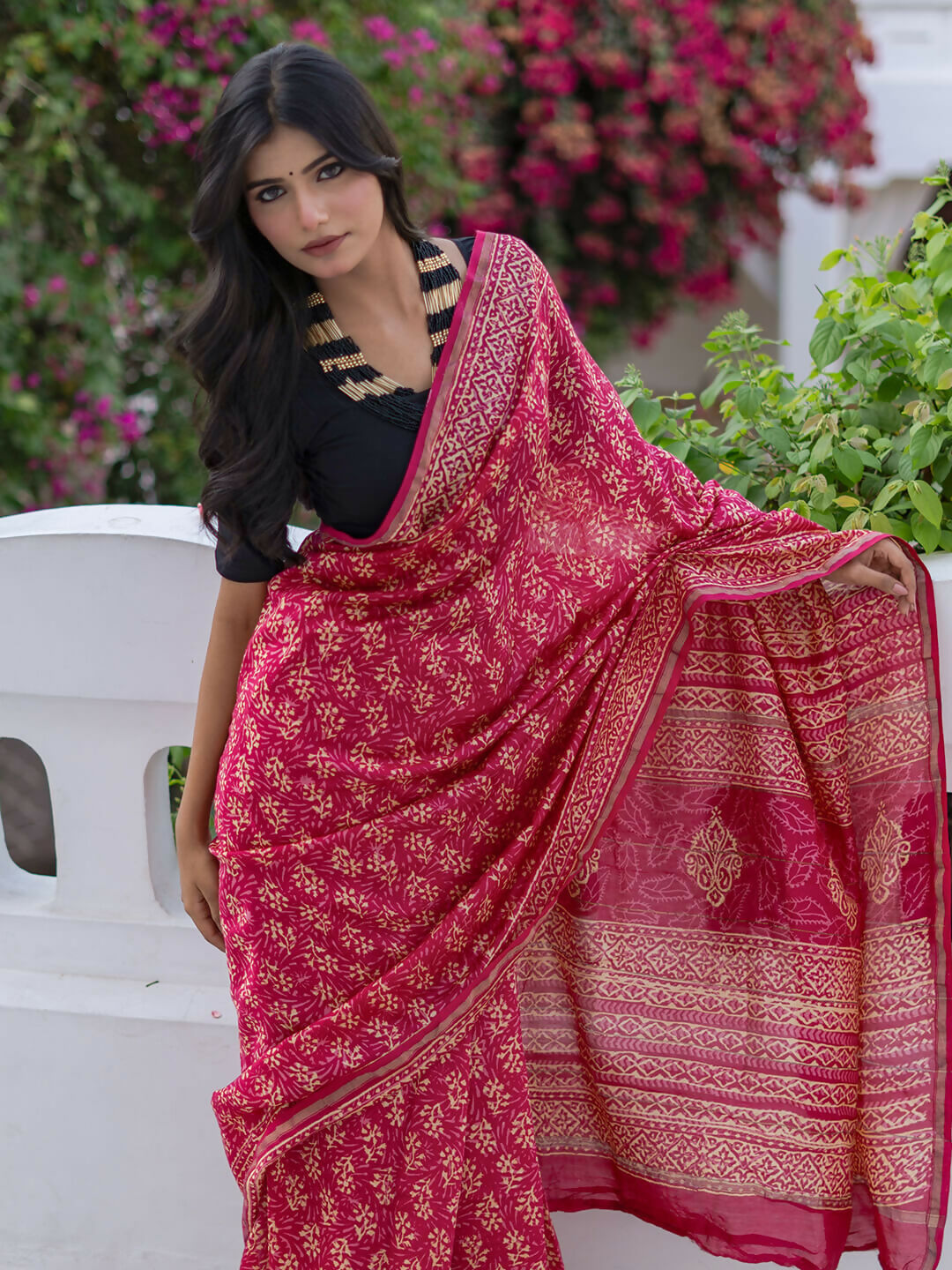 Zibaa Hand-Blocked Pure Chanderi Silk Pink Saree - Distacart