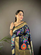 Joban Fashion Navy Blue Zari Woven Floral Motifs Soft Silk Paithani Silk Saree - Distacart