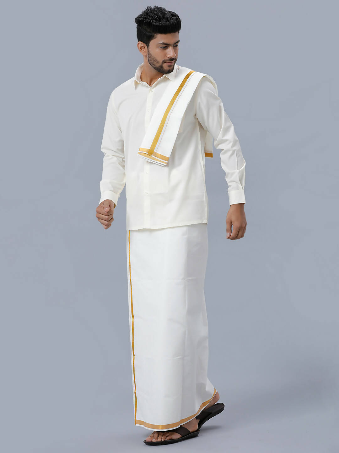 Ramraj Cotton Premium Wedding Cream Readymade Dhoti, Shirt & Towel Set Dhanvanthri