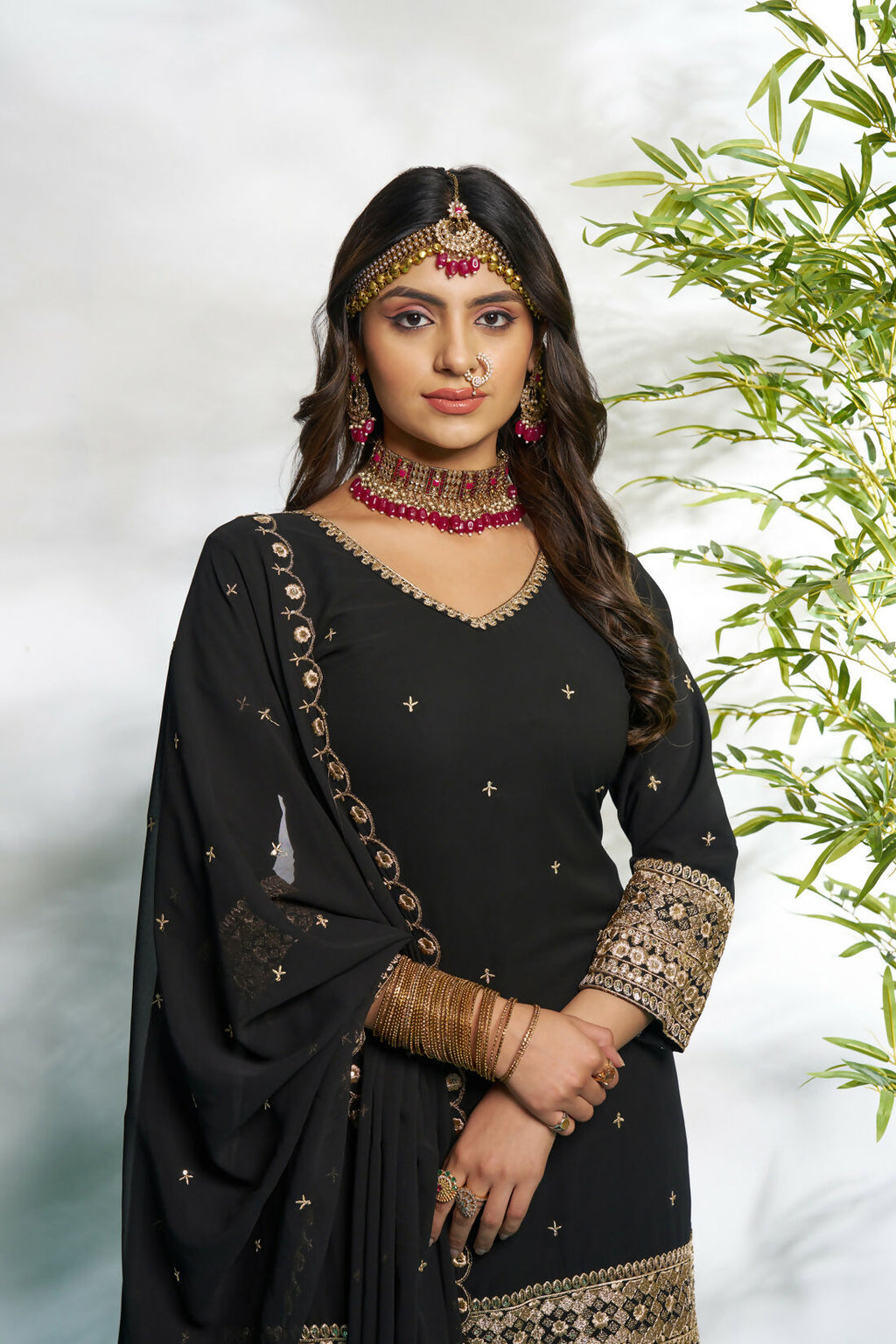 Aayaa Designer Faux Gorgette Embroidery Zari Sequins Thread work Full Flaired plazzo Suit with Dupatta - Black