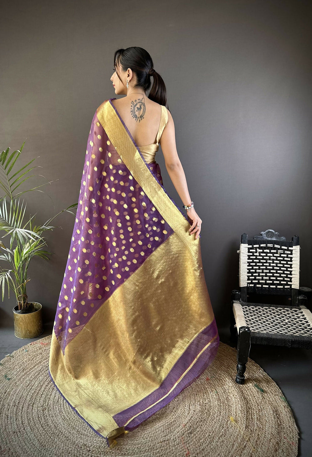 Joban Fashion Purple Polka-Dot Zari Woven Organza Silk Banarasi Silk Saree - Distacart