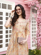 Peach Rayon Foil Printed Long Dress - Michan - Distacart