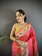 Joban Fashion Rose Pink Peacock & Floral Motifs Soft Lichi Silk Kanchipuram Saree - Distacart