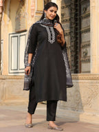 Juniper Women's Black Silk Solid Embroidered Kurta Set - Distacart