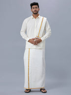 Ramraj Cotton Mens Wedding Set Cream Regular Dhoti, Shirt & Towel Arathi 1/2"