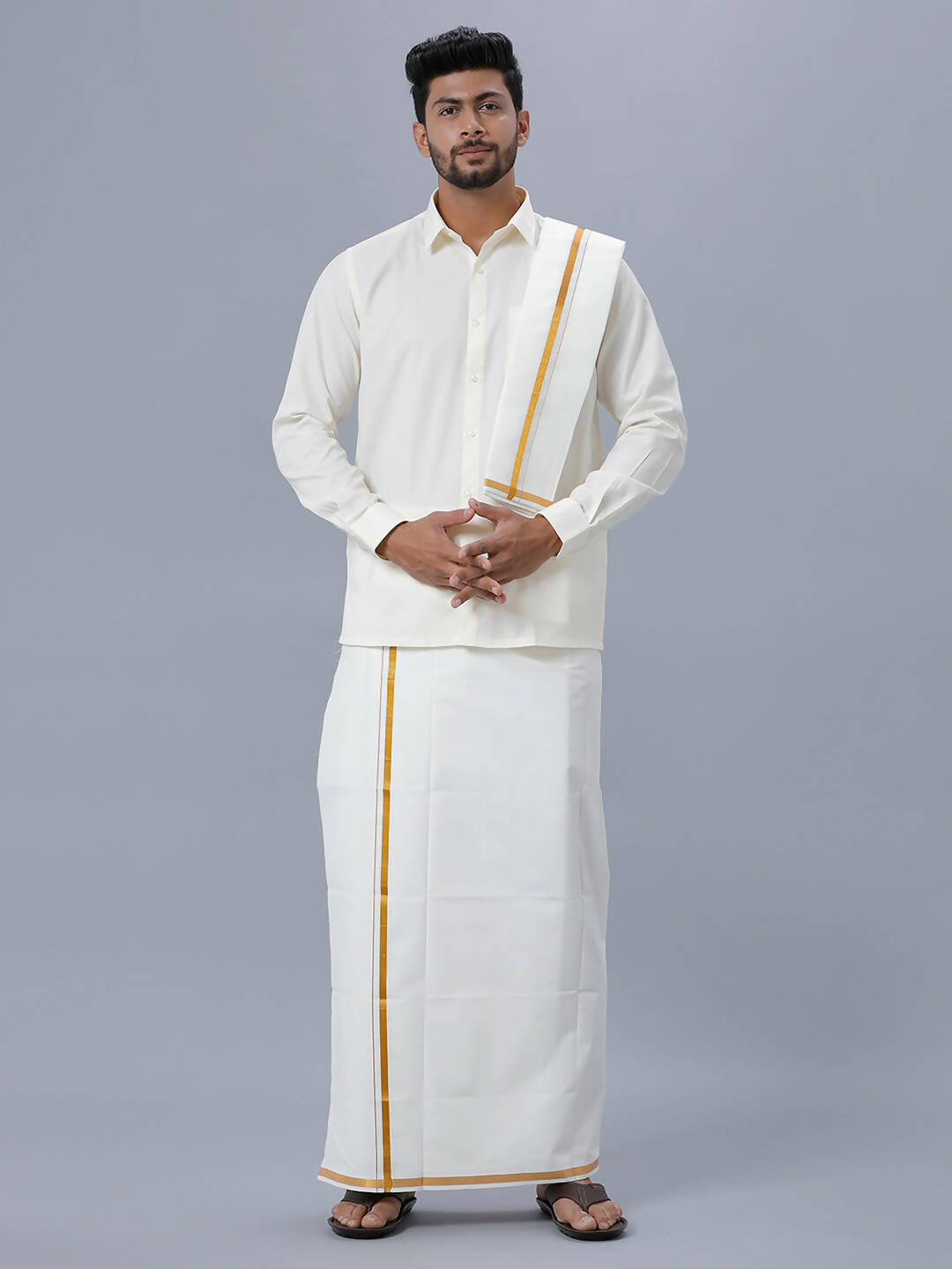 Ramraj Cotton Mens Wedding Set Cream Regular Dhoti, Shirt & Towel Arathi 1/2"