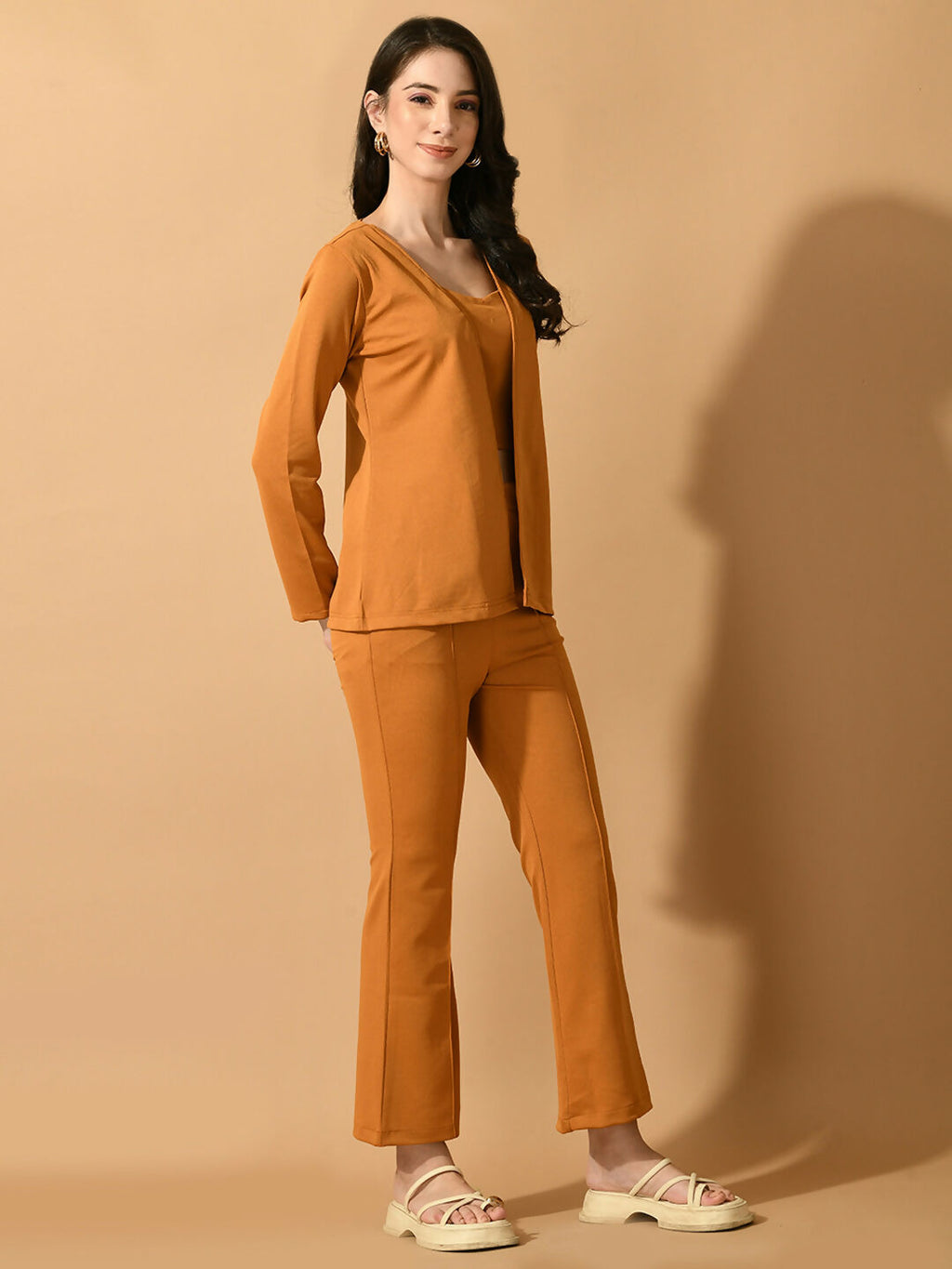 Myshka Women's Mustard Solid Coat With Trousers