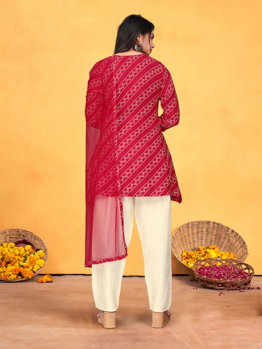 Joban Fashion Red Cotton Premium Pure Viscose Print Dola With Handwork Kurta set