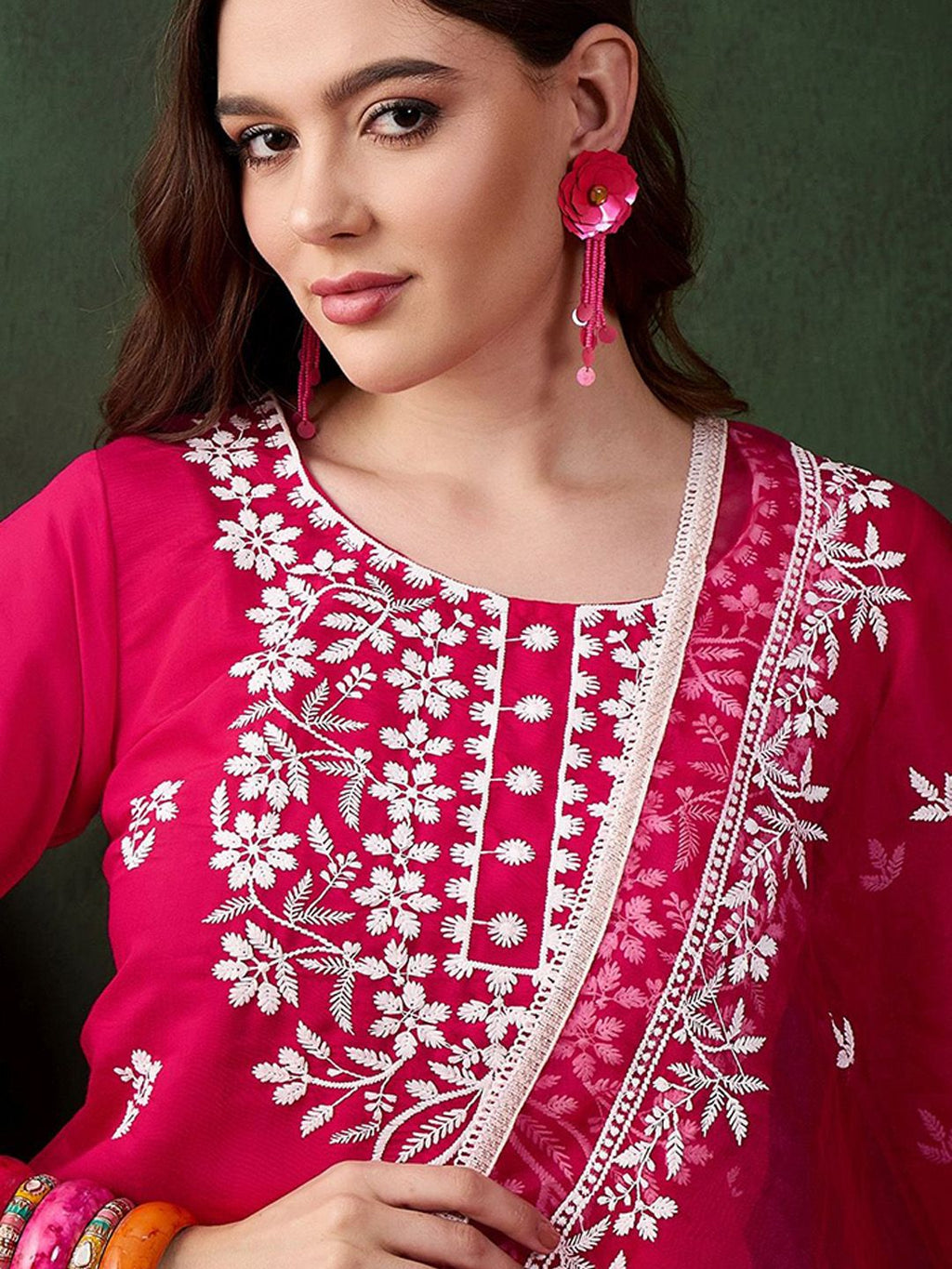 Sangria Pink Floral Embroidered Thread Work Pure Cotton Kurta & Trousers & Dupatta