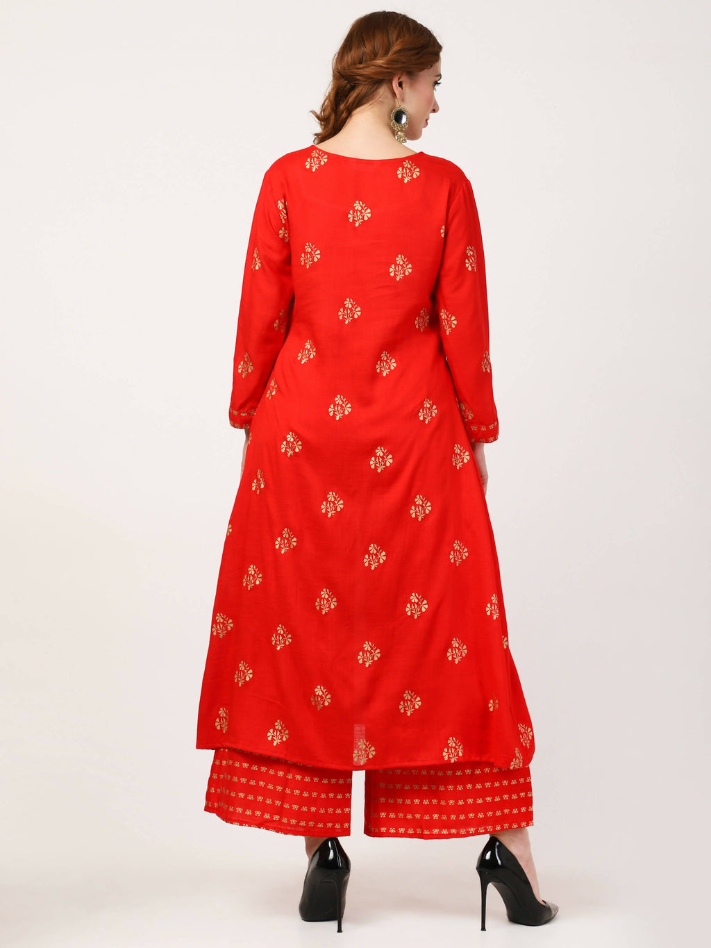 Cheera Embellished Daily Wear Cotton Blend Kurta With Palazoo - Red