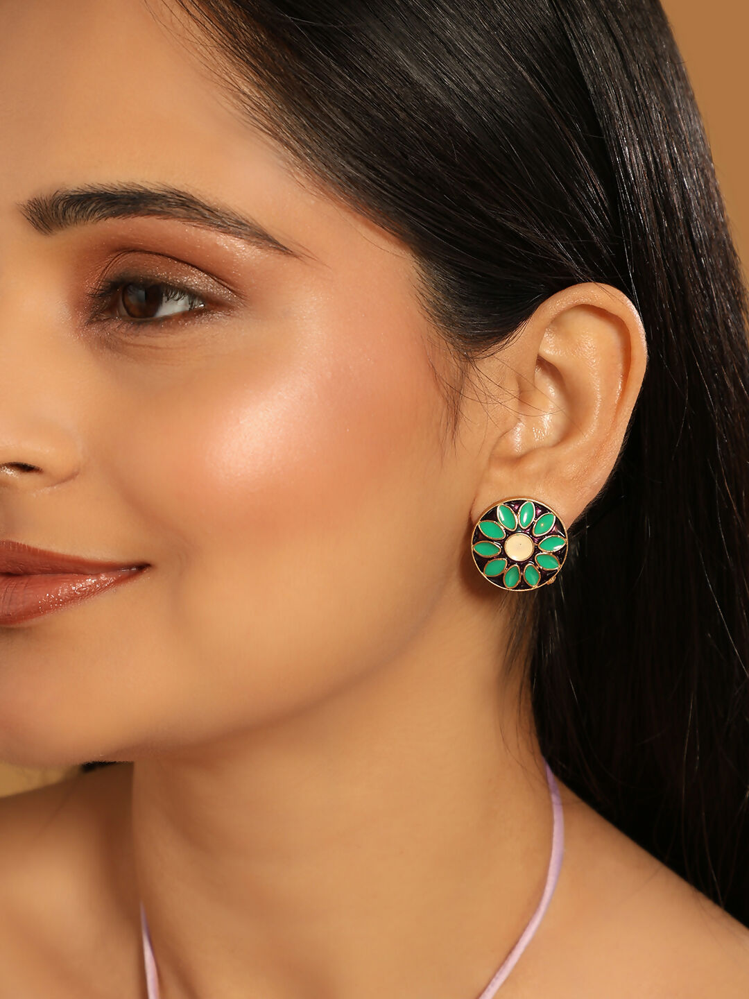 Nuyug 22K Gold Plated Circular Shaped Sea Green Enamelled Floral Motif Studs - Distacart