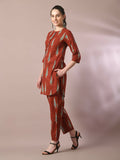 Myshka Women's Rust Printed Cotton Round Neck Party Tunic With Trousers Co-ord set