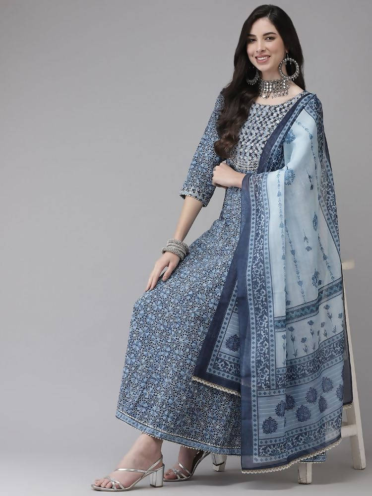 Yufta Women Blue Floral Yoke Design Angrakha Pure Cotton Kurta with Trouser With Dupatta