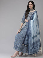 Yufta Women Blue Floral Yoke Design Angrakha Pure Cotton Kurta with Trouser With Dupatta