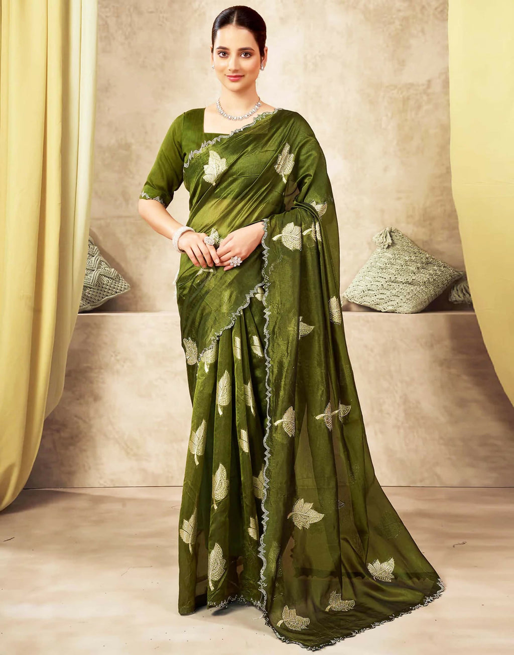 Joban Fashion Olive Green & Golden Silk Blend Embroidery Saree - Distacart
