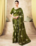 Joban Fashion Olive Green & Golden Silk Blend Embroidery Saree - Distacart