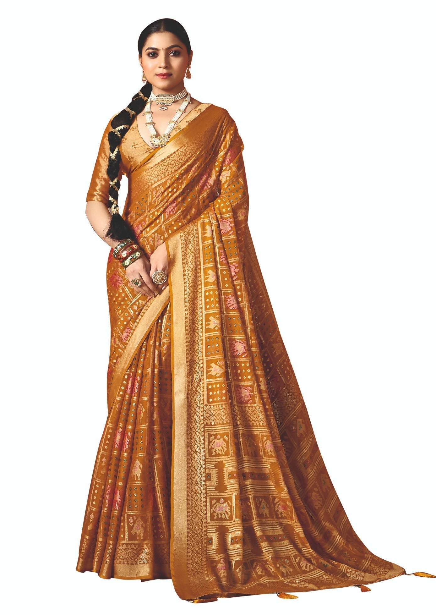 Joban Fashion Yellow Dull Moss Brasso Saree - Distacart