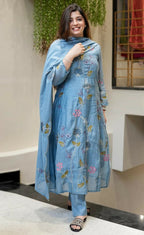The52 Blue Women's Beautiful Cotton Fabric Thread Work Straight Kurta, Pant and Dupatta Set - Distacart