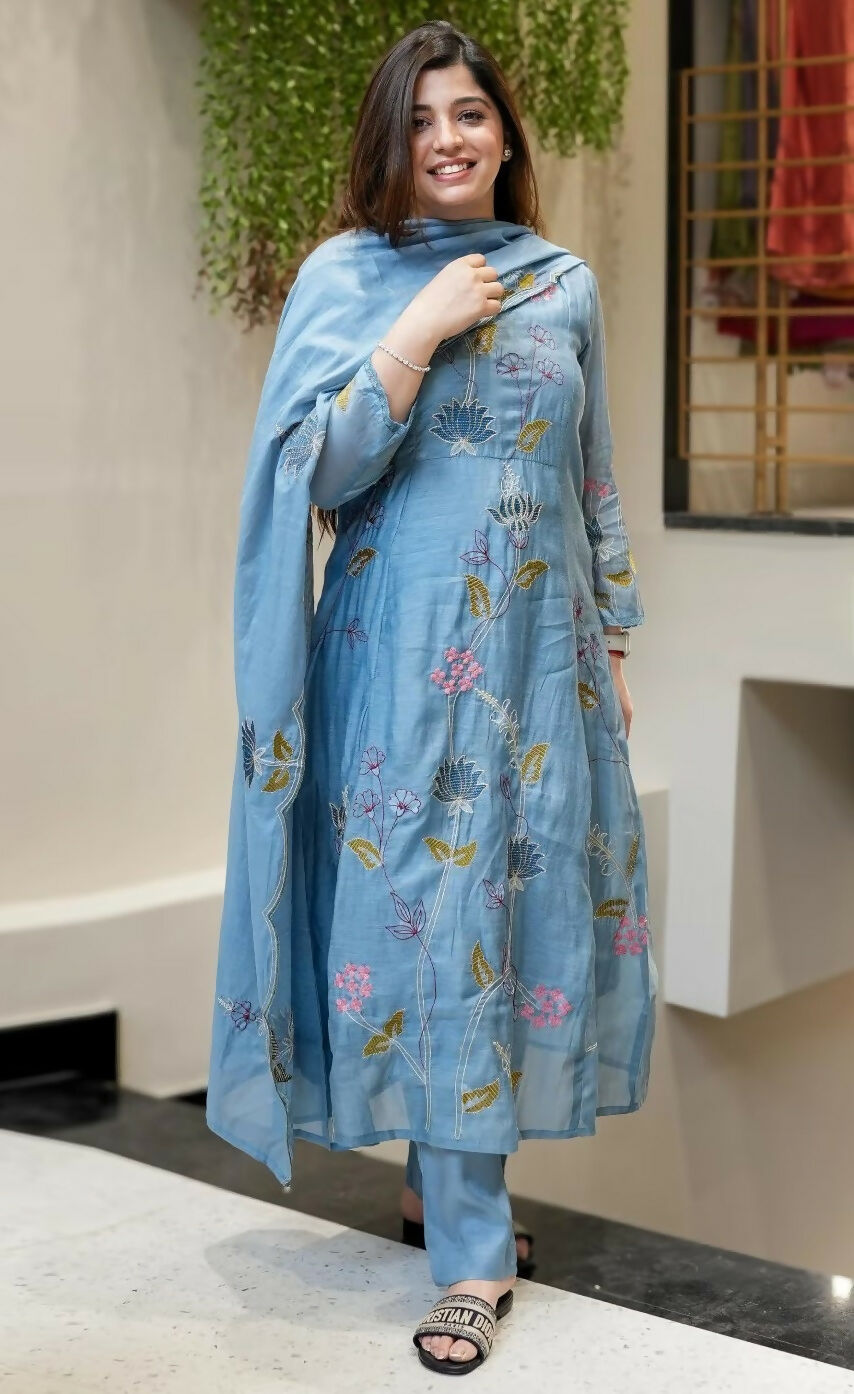 The52 Blue Women's Beautiful Cotton Fabric Thread Work Straight Kurta, Pant and Dupatta Set - Distacart