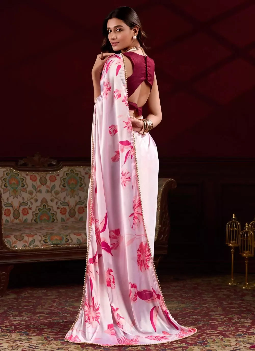 Vastranavya Baby Pink Satin Silk Floral Printed with Pearl Lace Saree with Unstitched Blouse - Distacart