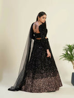 Jyoti Fashion Women's Black Velvet Heavy Sequins Semi Stitched Designer Lehenga Choli Set