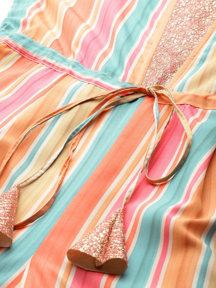 Ahalyaa Coral Orange & Blue Candy Striped Basic Jumpsuit - Distacart