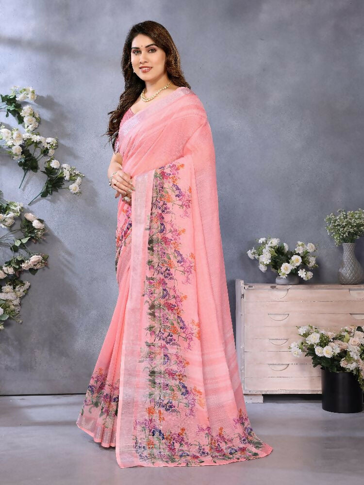 PR Fashion Peach Handloom Linen Cotton Saree