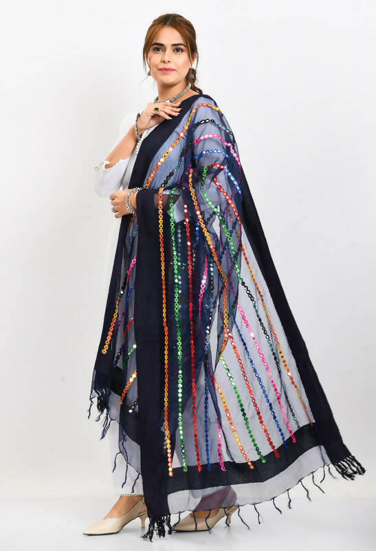 Mominos Fashion Moeza Women's Orgenza Multi Thread Mirror Work Navy Blue Dupatta - Distacart