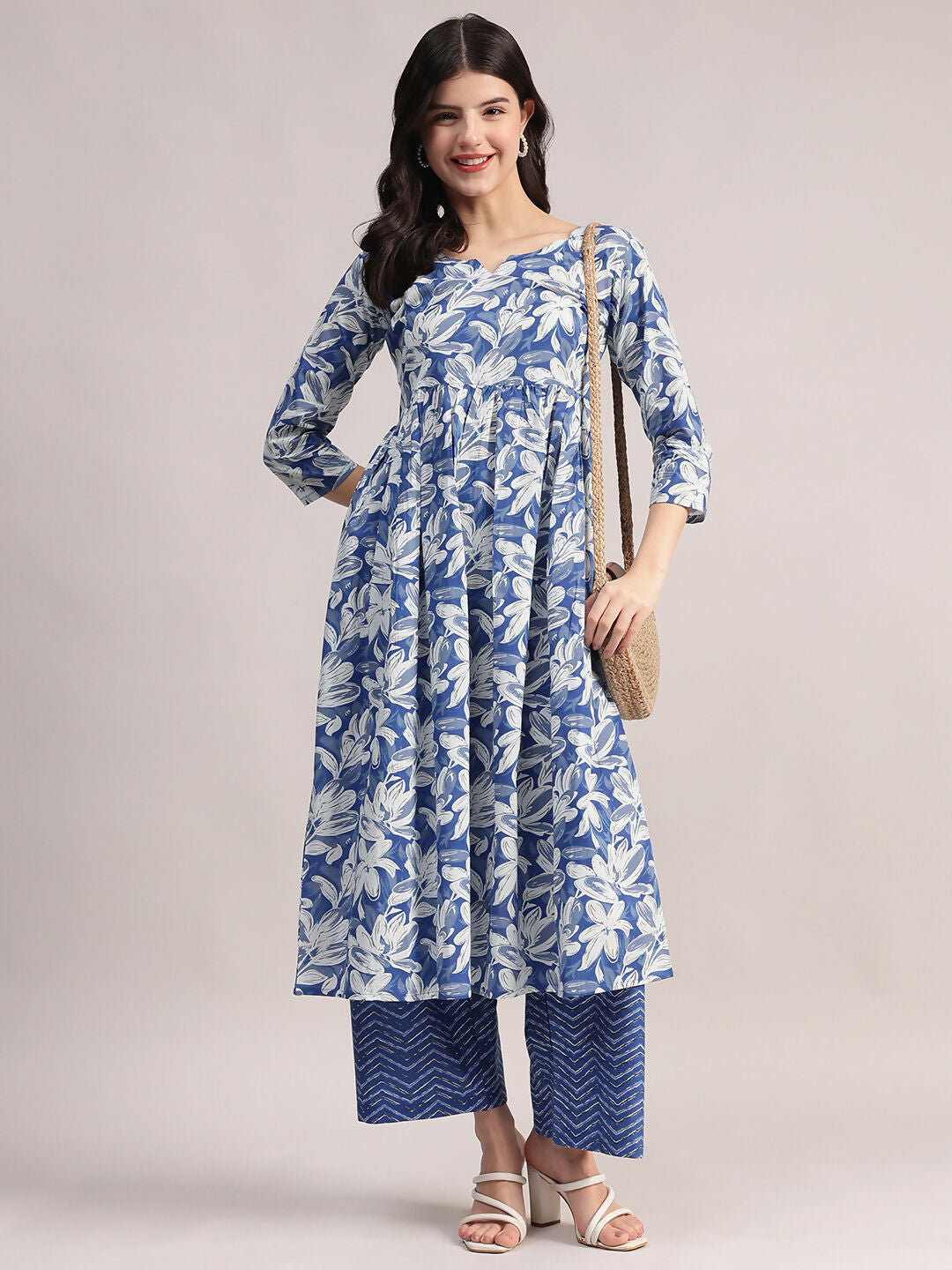 Aavyora Women's Blue Floral Printed Cotton Kurta with Chevron Pattern Palazzo Set