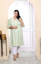 Miravan Women's Plus Size White And Green Tie Dye Cotton Kurti