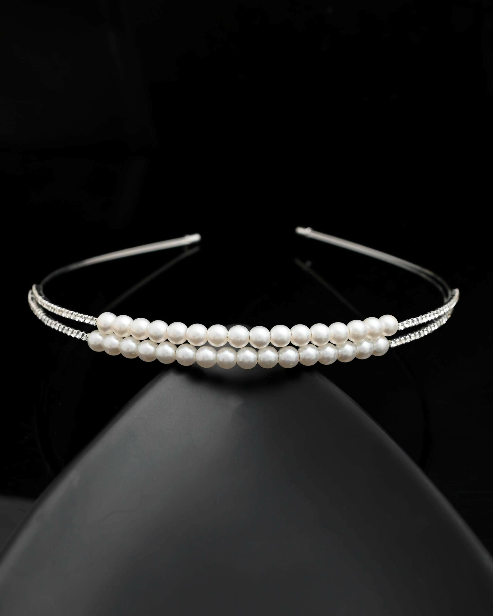 VOJ Silver Plated Pearl Studded Double Layer Hairband