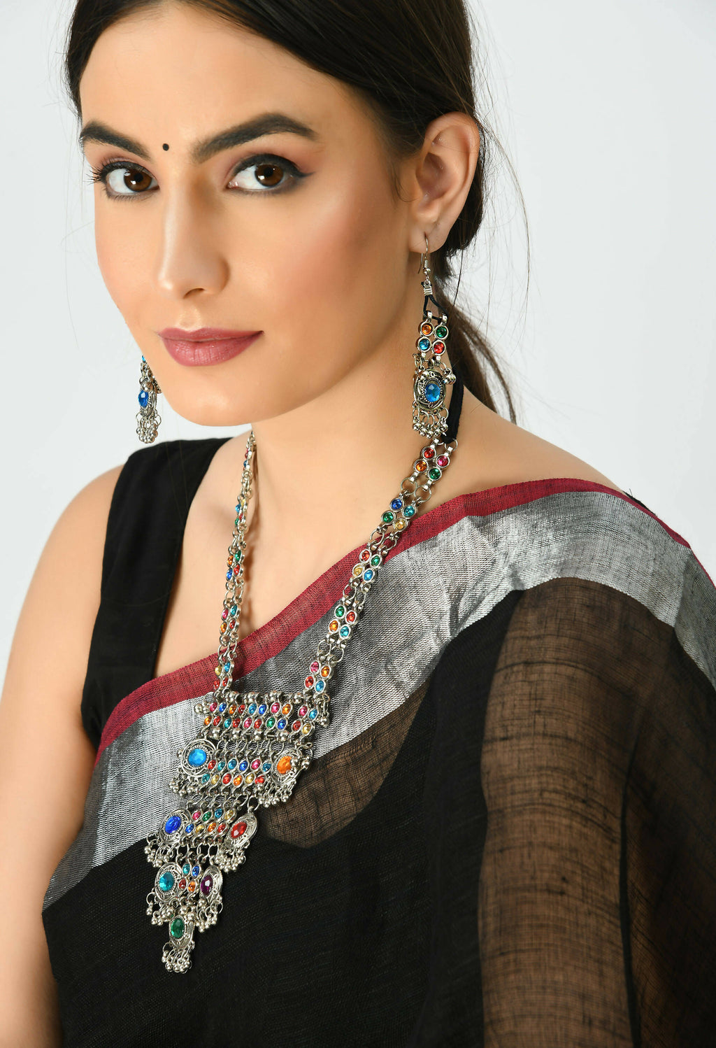 Mominos Fashion Johar Kamal Oxidised Silver-Plated Brass Finish Multi Kundan Afghani Long Necklace For Women - Distacart