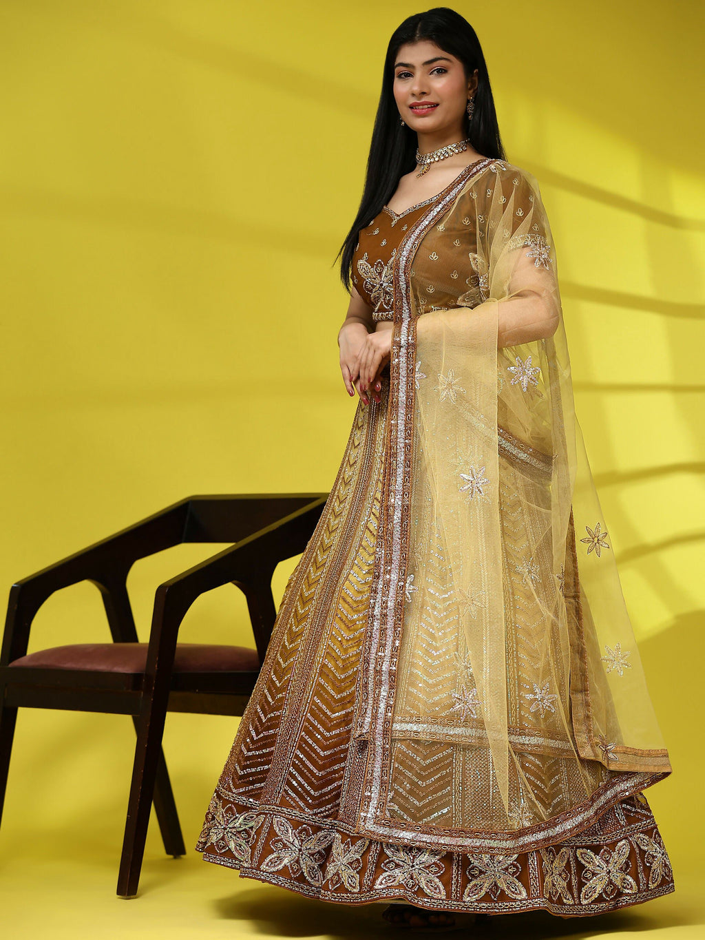 Brown Fancy Net Sequence Embroidered Lehenga Choli with Dupatta - Dhara