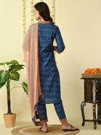Myshka Women's Blue Pure Cotton Kurta & Trousers With Dupatta Party Sets