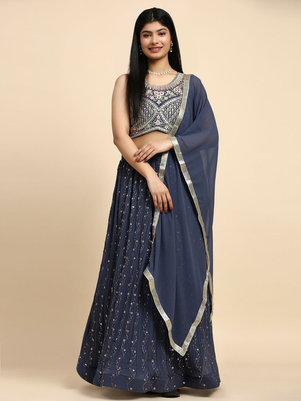 Dark Grey Georgette Embroidered Lehenga choli with Dupatta - Dhara