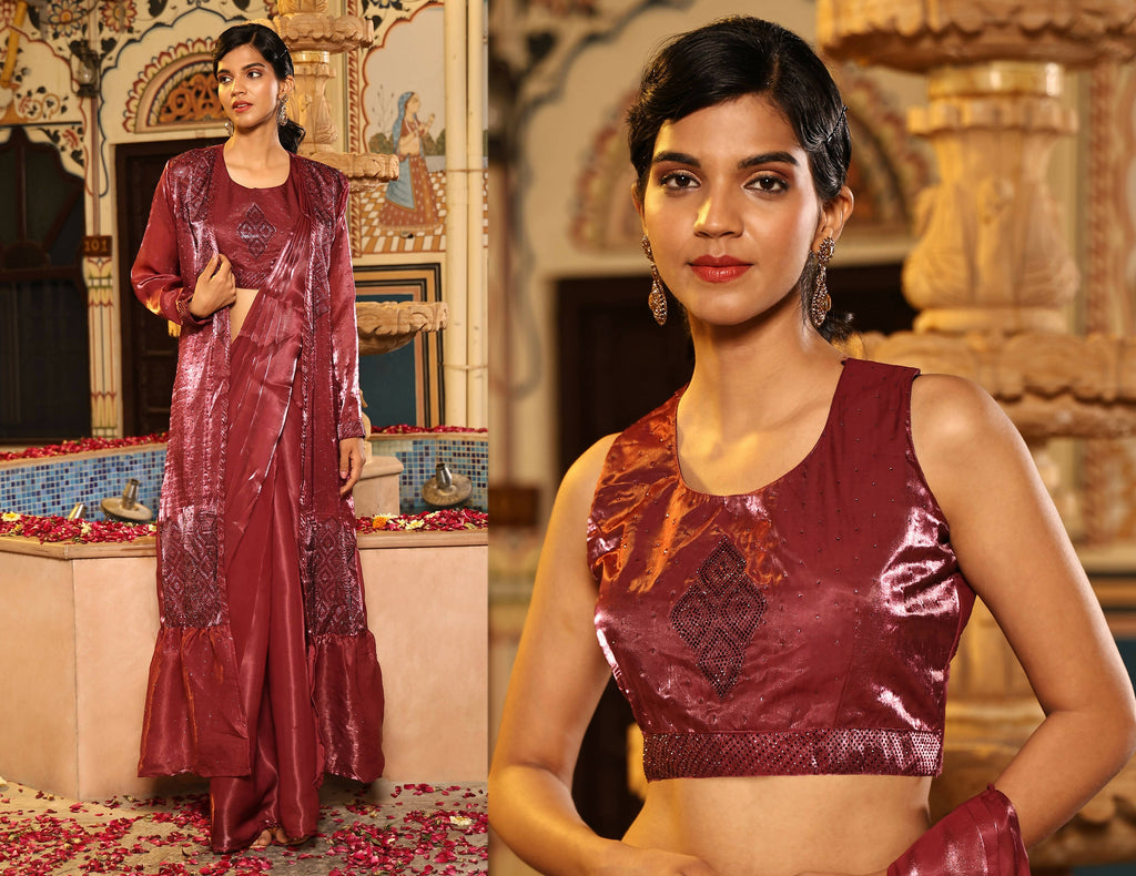 Maroon Tom Silk Plain Ready To Wear Saree With Stitched Blouse - Satiksha