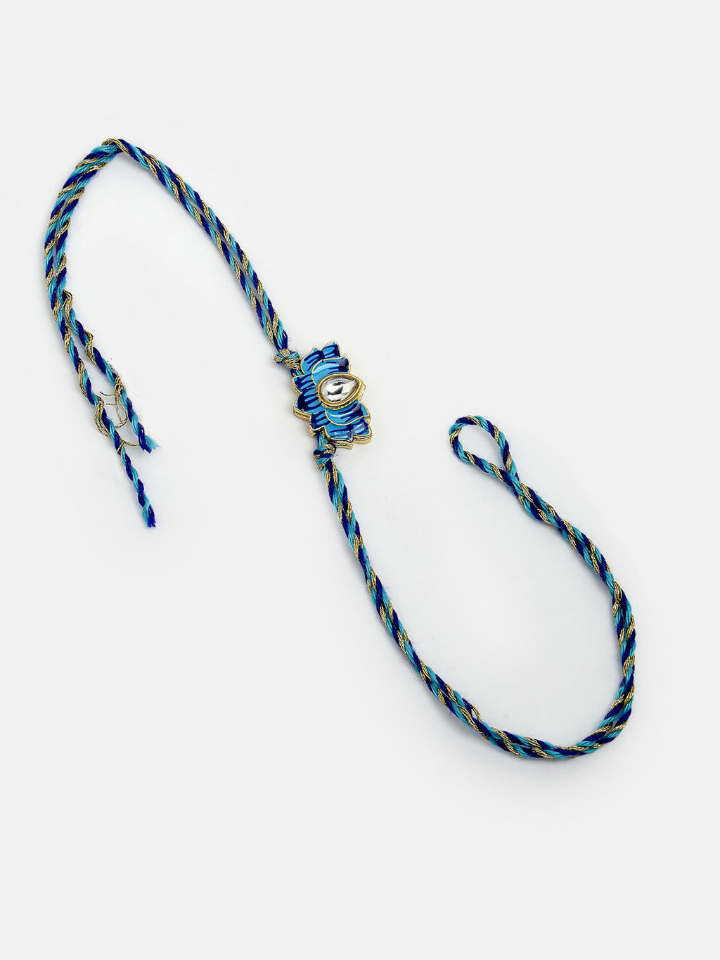 NVR Women & Men Set of 2 Blue Lotus Shape Kundan-Studded & Beaded Wraparound Rakhi Set With Roli Chawal & Chocolate - Distacart