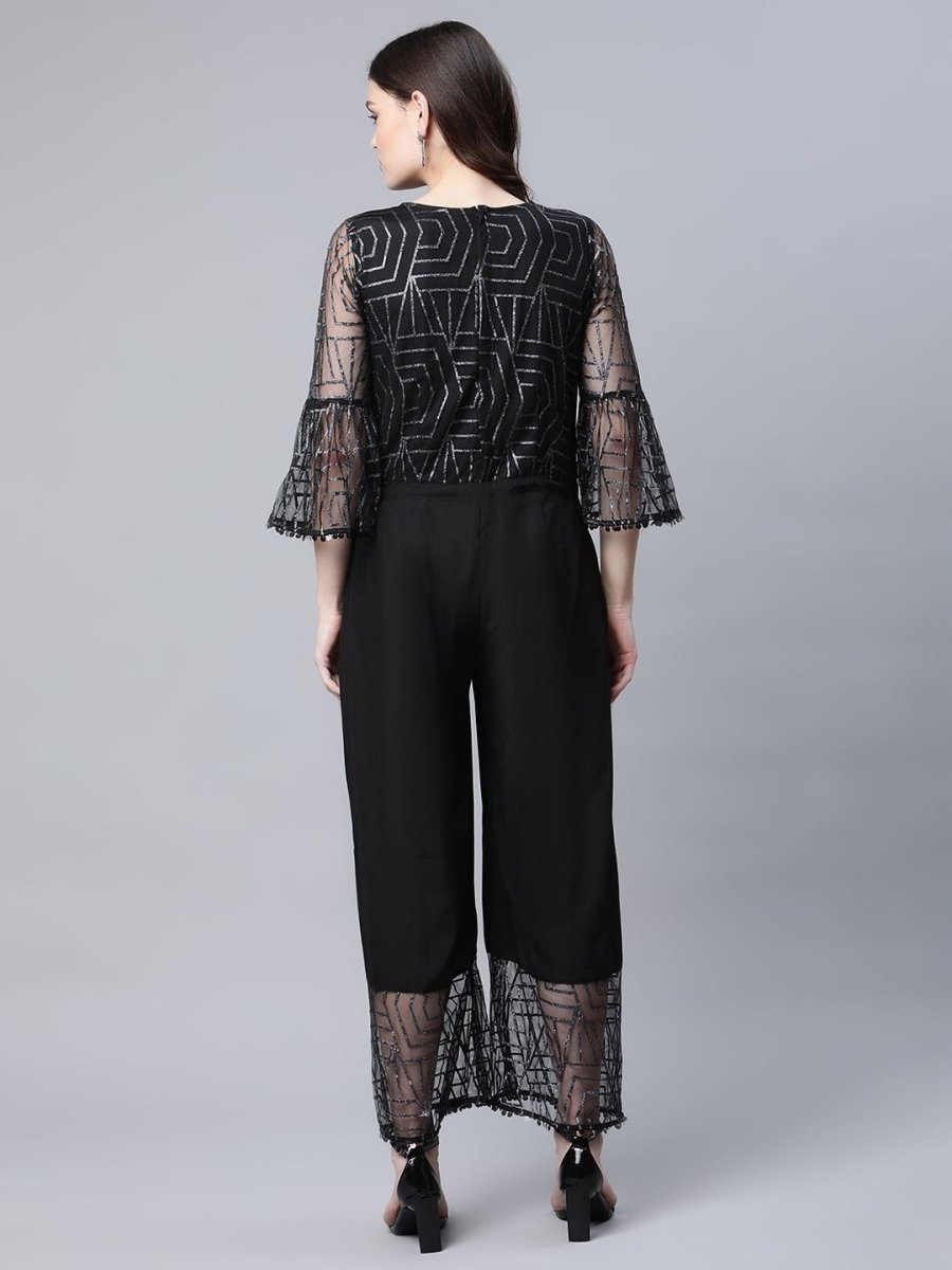 Ahalyaa Womens Crepe & Net Black Printed Jumpsuit - Distacart