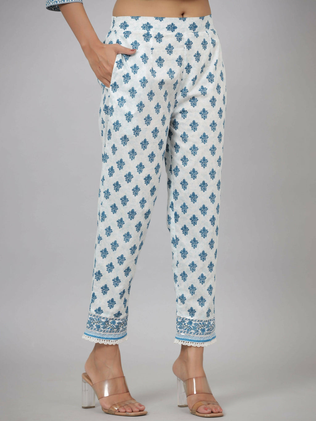 Juniper Women's White Cotton Cambric Solid Kurta Floral Printed Pant & Dupatta Set - Distacart