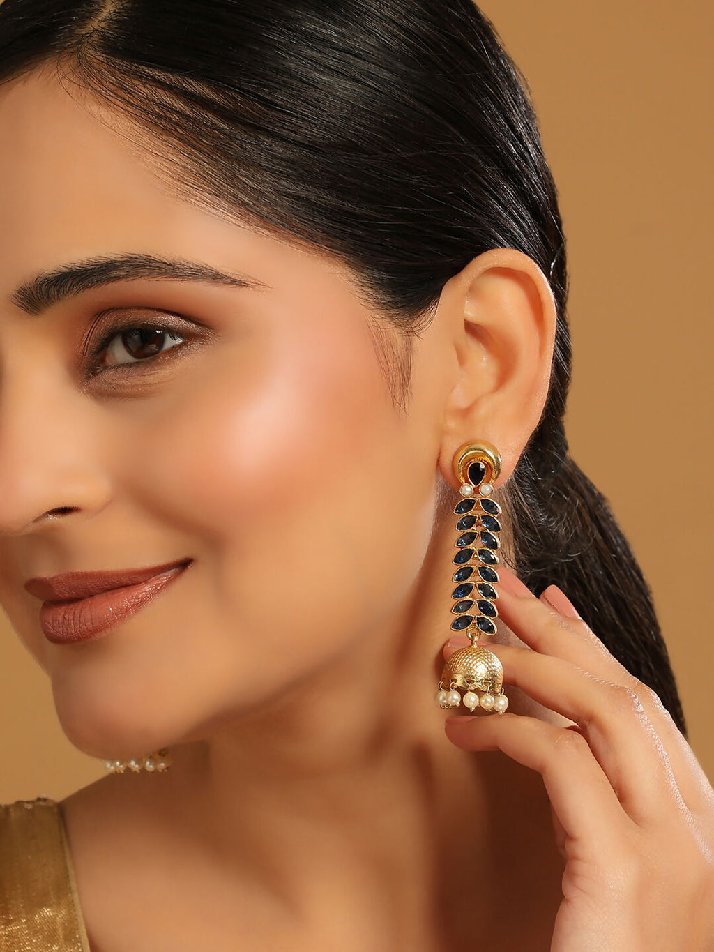 Nuyug 22K Gold-Plated Blue Onyx & Pearl Studded Dome Shaped Jhumkas - Distacart