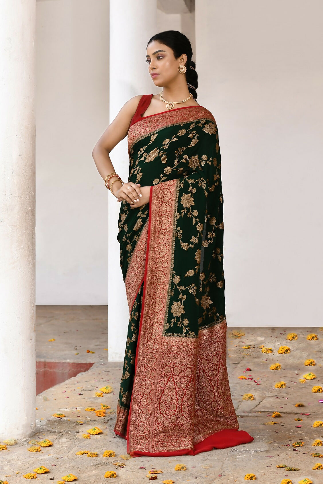 Joban Fashion Green Crepe Chiffon Pure Handloom Banarasi Silk Saree