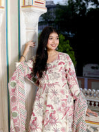 Miravan Women's Light Pink Cotton Birds And Leaf Floral Printed Anarkali Kurta And Dupatta Set
