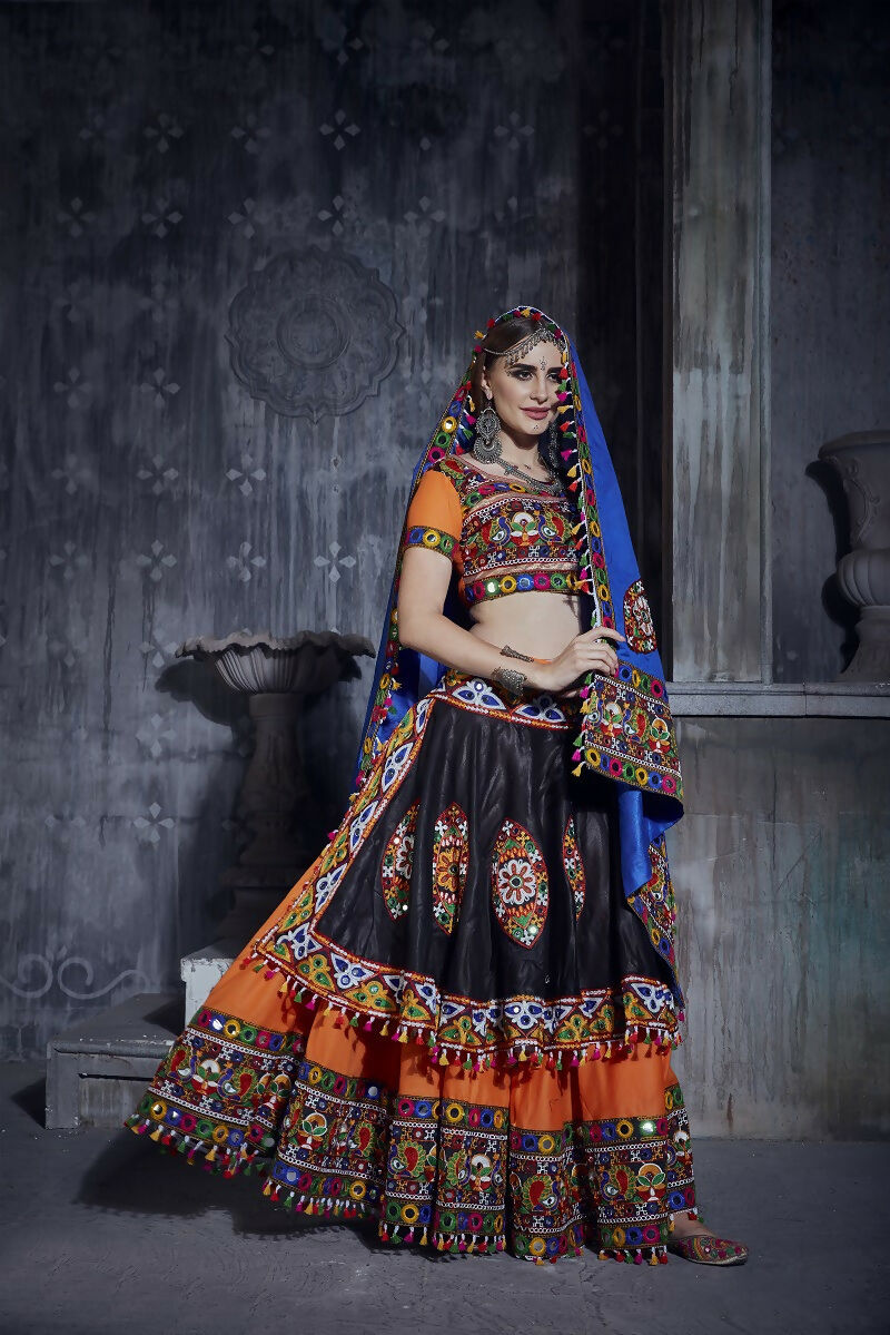 AI Fashion Black-Orange Art Silk Designer Navratri Lehenga Choli Collection