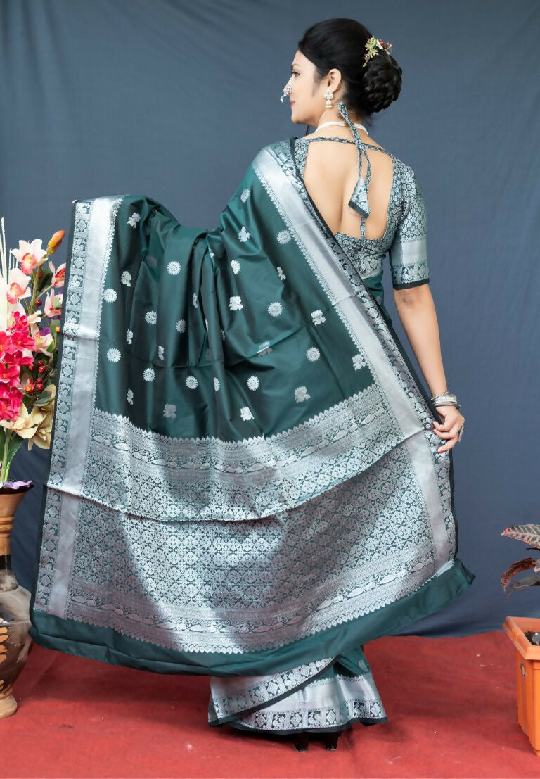 Jyoti Fashion Women's Bottle Green Soft Banarasi Silk Zari Woven Saree with Blouse