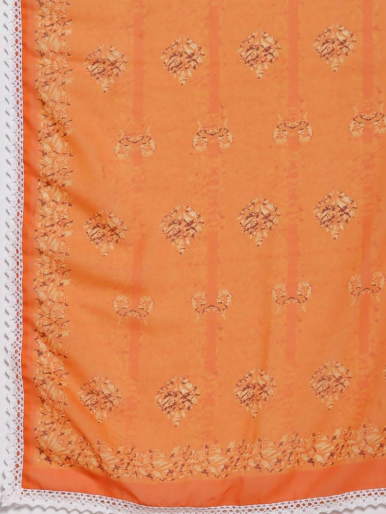 Myshka Women's Orange Cotton Printed 3/4 Sleeve Round Neck Casual Kurta Pant Dupatta Set