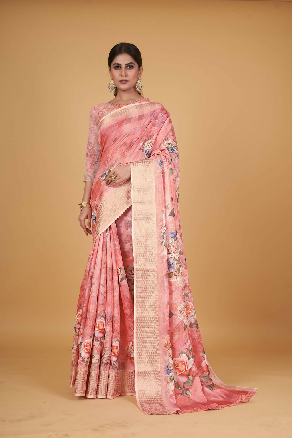 Peach Cotton Silk Digital Printed Saree With Unstitched Blouse Piece - Alisha