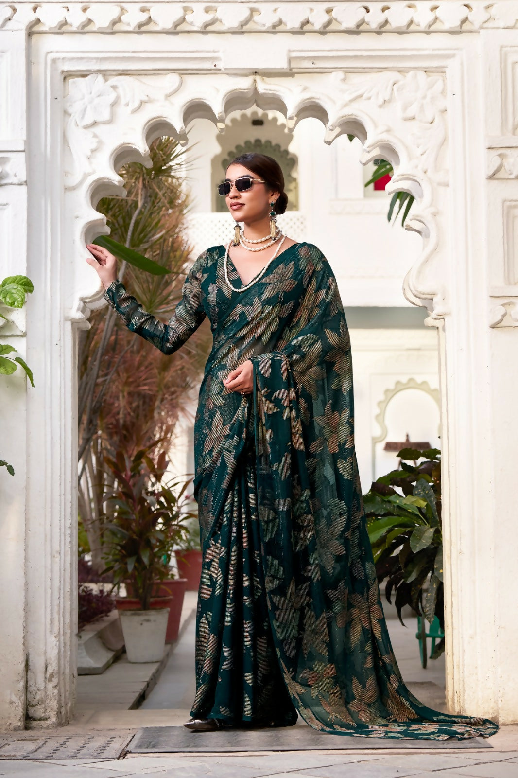 Vastranavya Bottle Green Lurex Brasso Floral Printed Saree with Unstitched Blouse - Distacart